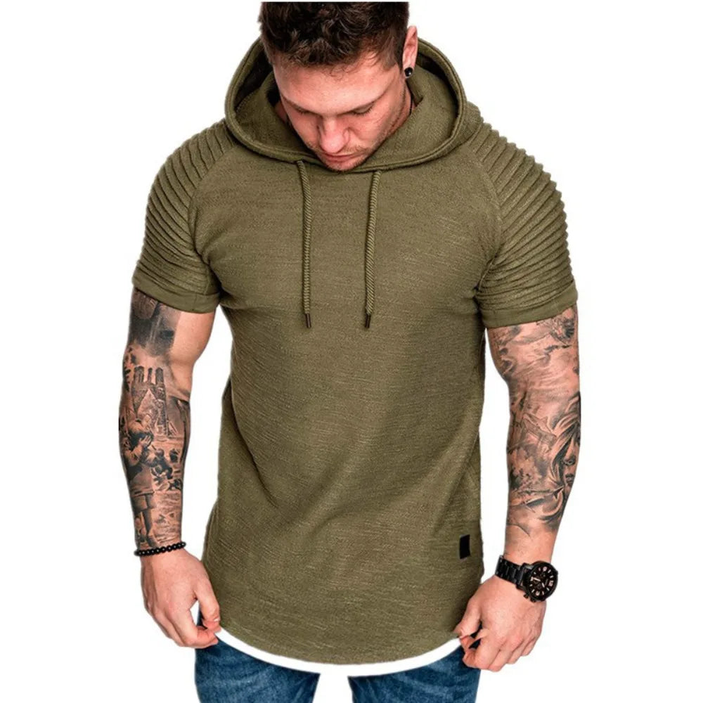 Men Running Hoodies Bodybuilding Sport Hooded Short Sleeve Gyms Fitness Clothing Muscle Shirt Quick Drying Training T-Shirt