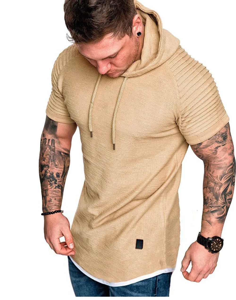 Men Running Hoodies Bodybuilding Sport Hooded Short Sleeve Gyms Fitness Clothing Muscle Shirt Quick Drying Training T-Shirt