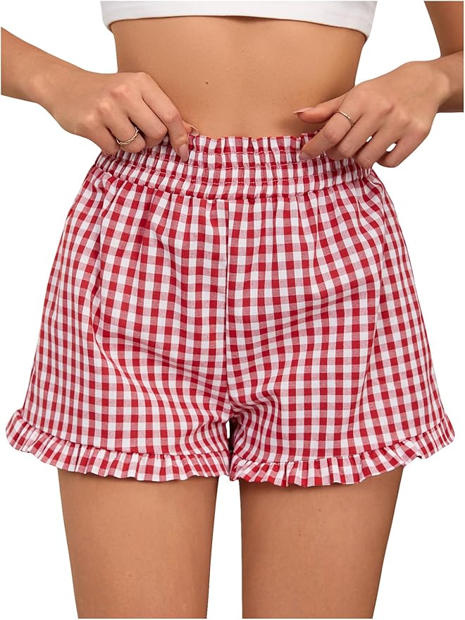 Casual and Comfy Plaid Print Button Front Elastic Waist Shorts