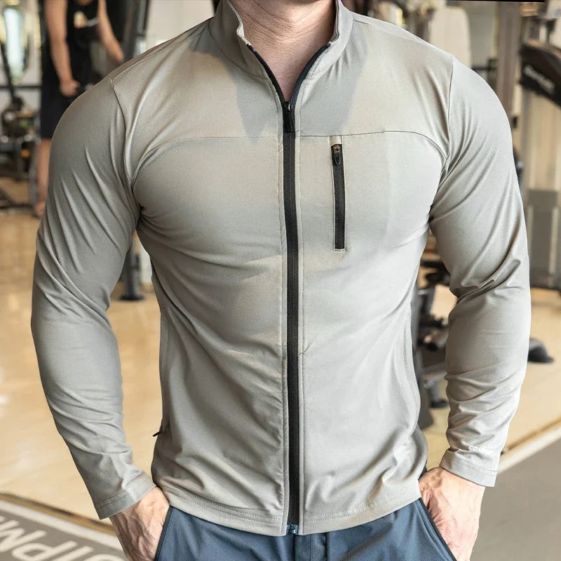 Quick Drying Clothes Men Autumn Sports T-shirt Stand Neck Loose Long Sleeved Outdoor Running Tracksuit Breathable Half Zip Top