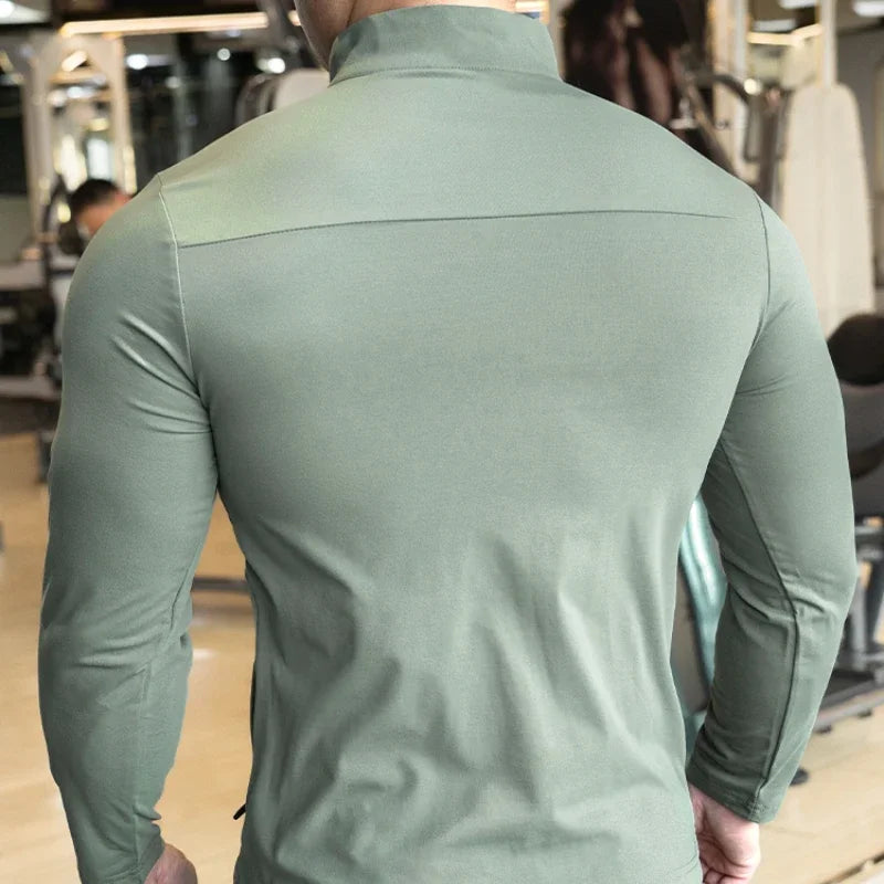 Quick Drying Clothes Men Autumn Sports T-shirt Stand Neck Loose Long Sleeved Outdoor Running Tracksuit Breathable Half Zip Top