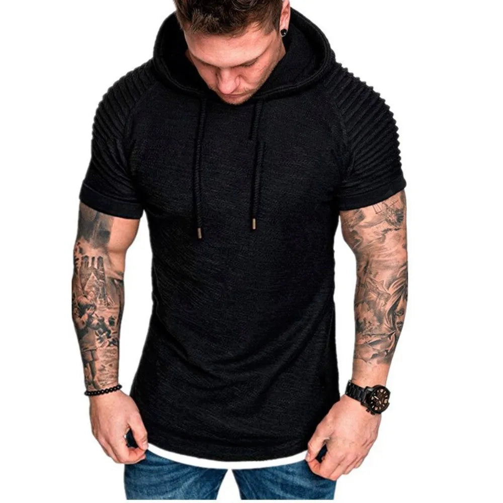 Men Running Hoodies Bodybuilding Sport Hooded Short Sleeve Gyms Fitness Clothing Muscle Shirt Quick Drying Training T-Shirt