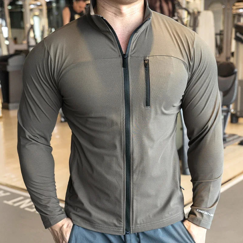 Quick Drying Clothes Men Autumn Sports T-shirt Stand Neck Loose Long Sleeved Outdoor Running Tracksuit Breathable Half Zip Top