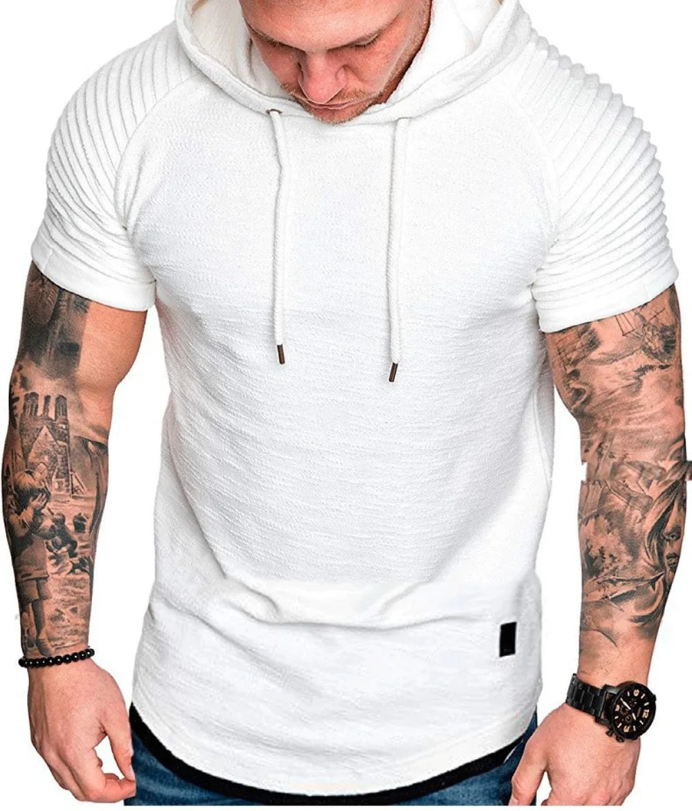 Men Running Hoodies Bodybuilding Sport Hooded Short Sleeve Gyms Fitness Clothing Muscle Shirt Quick Drying Training T-Shirt